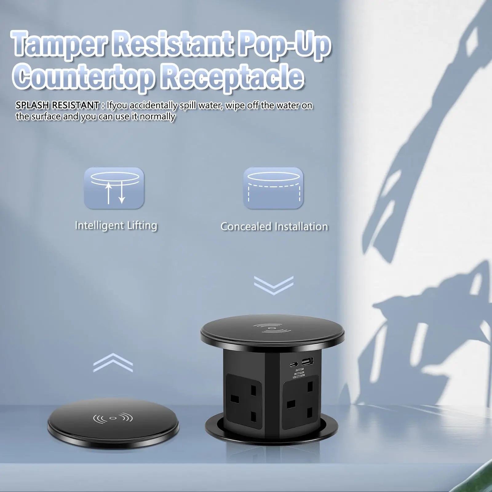 Automatic Pop up Power Outlet with 15W Wireless Charger USB C Charging Station Black Hydraulic lifting Sockets for Home Office