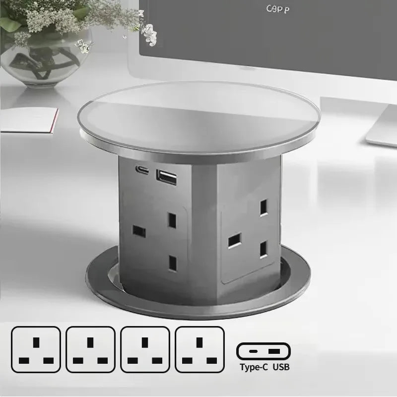 Automatic Pop up Power Outlet with 15W Wireless Charger USB C Charging Station Black Hydraulic lifting Sockets for Home Office