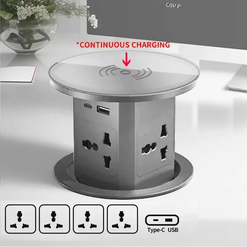 Automatic Pop up Power Outlet with 15W Wireless Charger USB C Charging Station Black Hydraulic lifting Sockets for Home Office