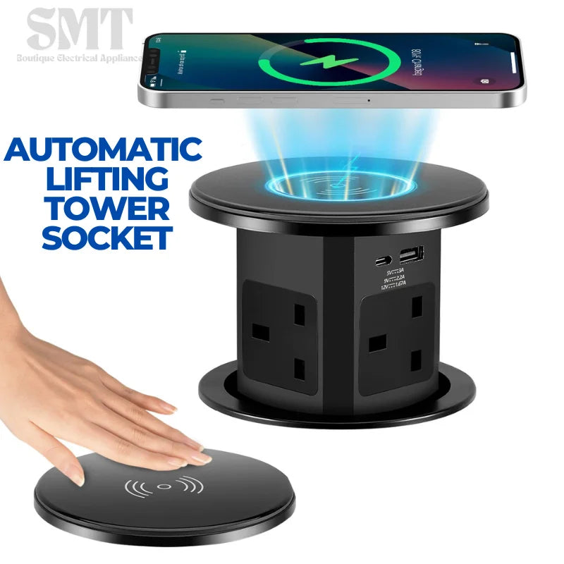 Automatic Pop up Power Outlet with 15W Wireless Charger USB C Charging Station Black Hydraulic lifting Sockets for Home Office
