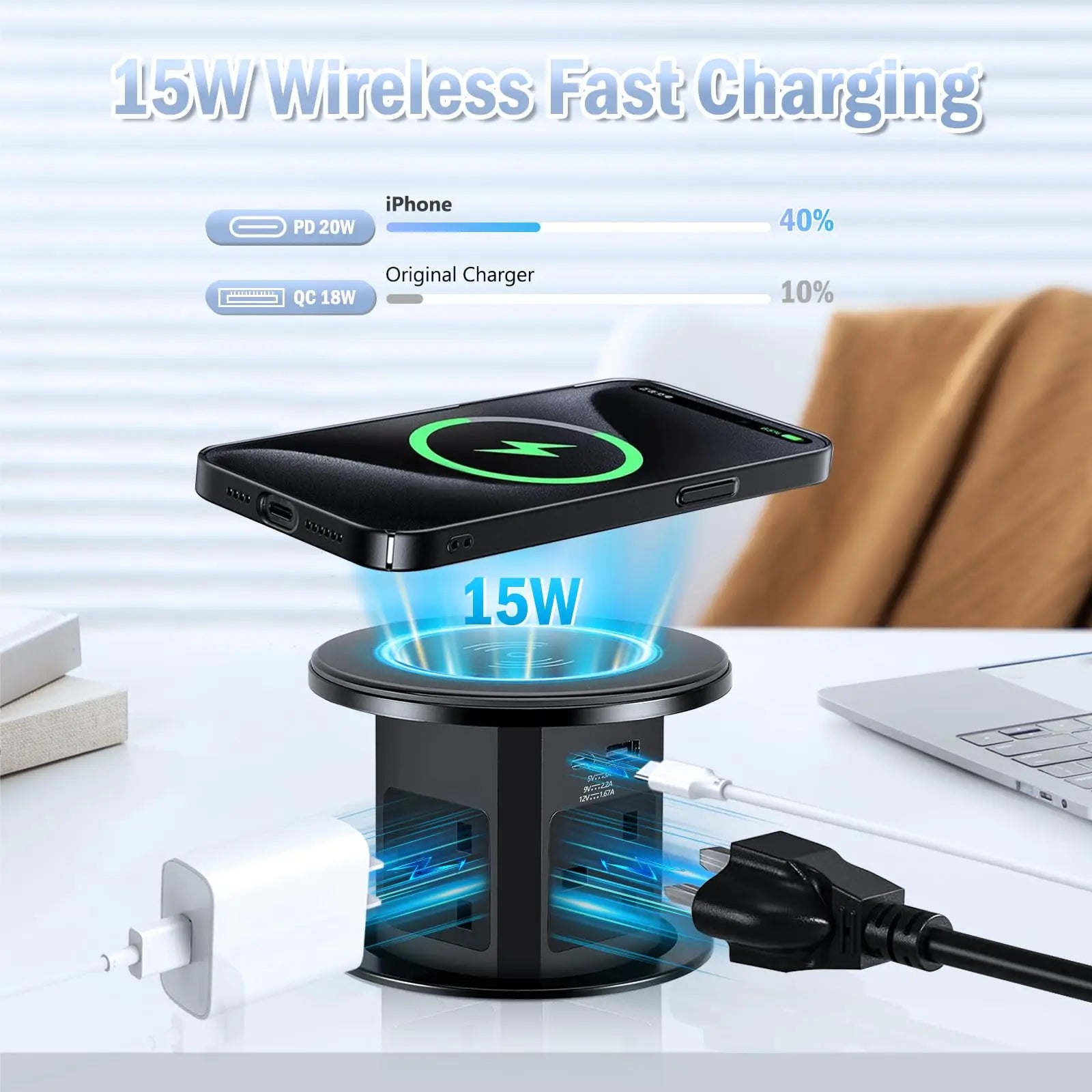 Automatic Pop up Power Outlet with 15W Wireless Charger USB C Charging Station Black Hydraulic lifting Sockets for Home Office