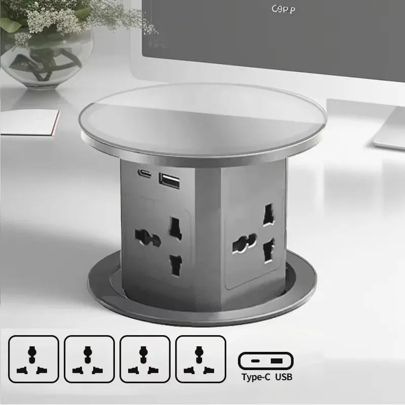 Automatic Pop up Power Outlet with 15W Wireless Charger USB C Charging Station Black Hydraulic lifting Sockets for Home Office