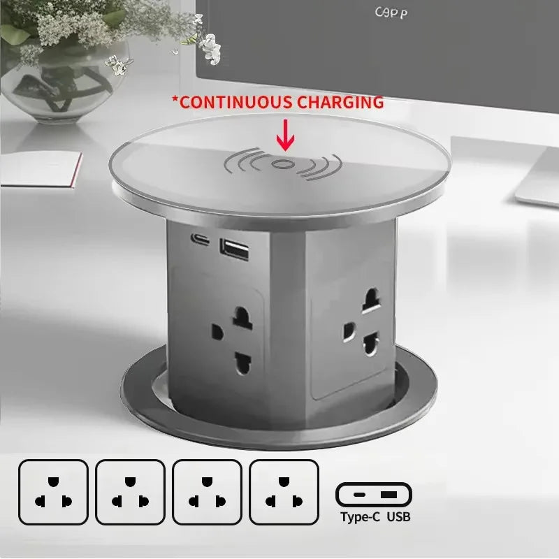 Automatic Pop up Power Outlet with 15W Wireless Charger USB C Charging Station Black Hydraulic lifting Sockets for Home Office