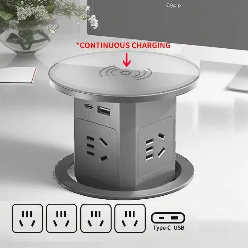 Automatic Pop up Power Outlet with 15W Wireless Charger USB C Charging Station Black Hydraulic lifting Sockets for Home Office