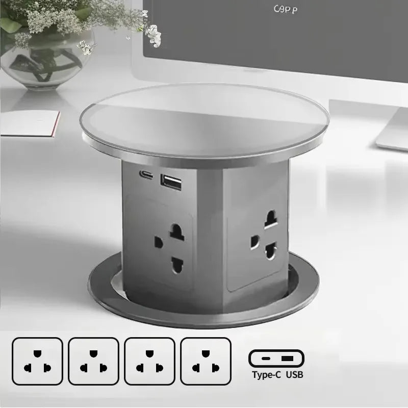 Automatic Pop up Power Outlet with 15W Wireless Charger USB C Charging Station Black Hydraulic lifting Sockets for Home Office