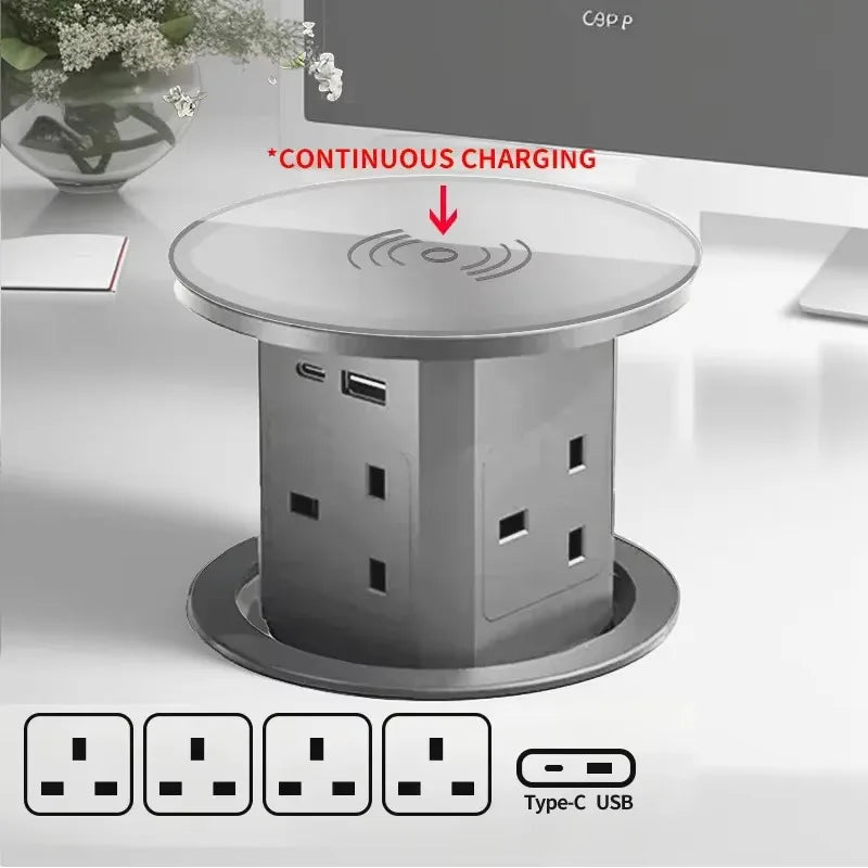Automatic Pop up Power Outlet with 15W Wireless Charger USB C Charging Station Black Hydraulic lifting Sockets for Home Office