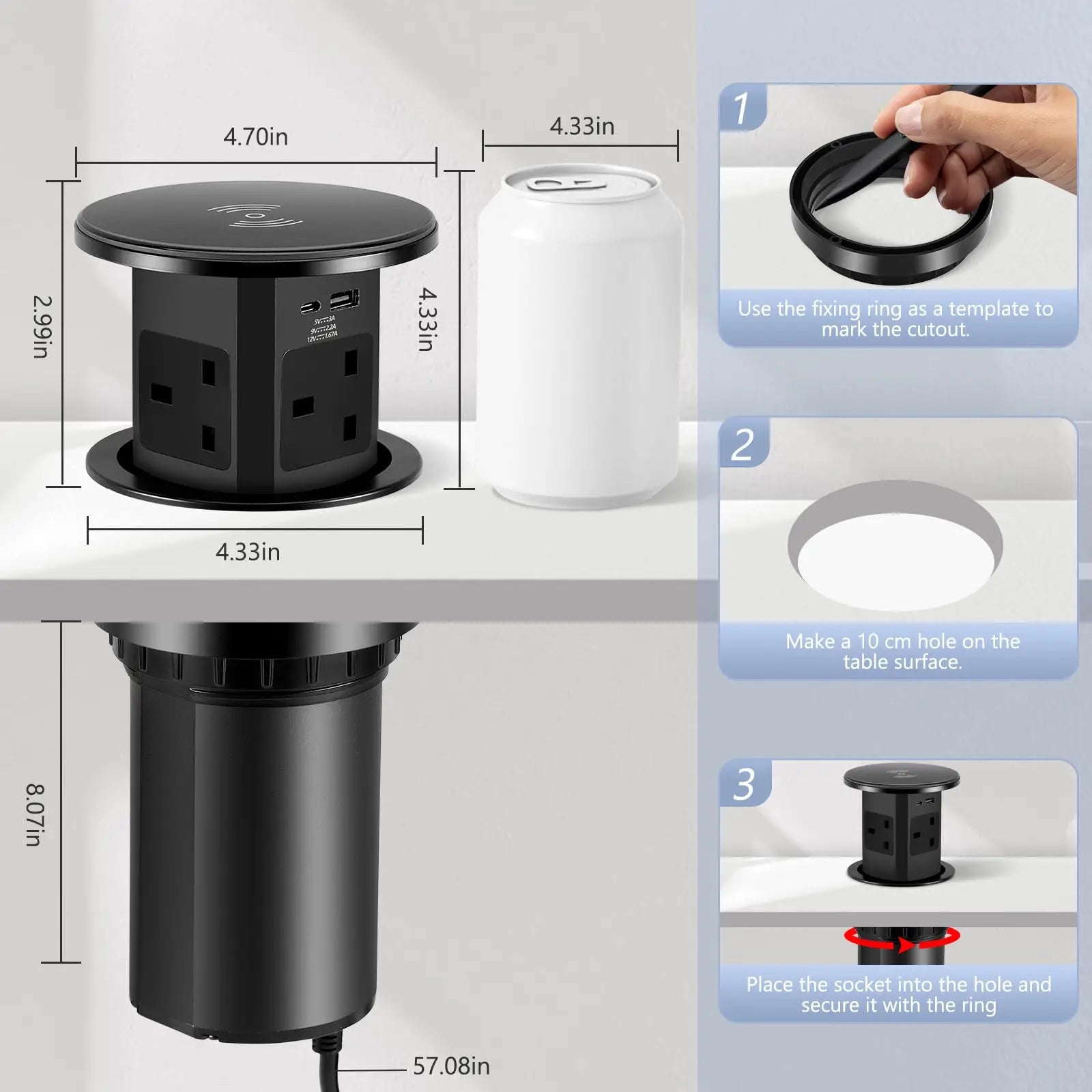 Automatic Pop up Power Outlet with 15W Wireless Charger USB C Charging Station Black Hydraulic lifting Sockets for Home Office