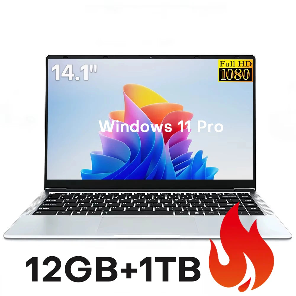 14.1" Laptop Computer Windows 11 Pro Intel Atom A3950 Notebook PC 12GB RAM 512GB 1TB M.2 SSD 1920*1080P Office Study Computer