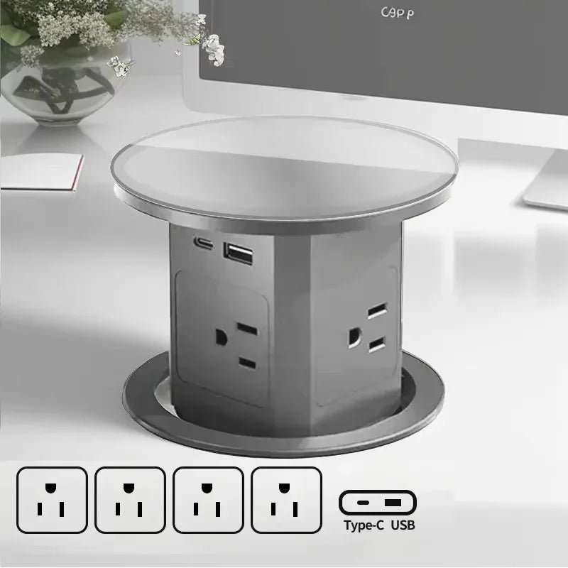 Automatic Pop up Power Outlet with 15W Wireless Charger USB C Charging Station Black Hydraulic lifting Sockets for Home Office