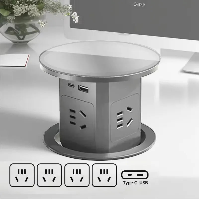 Automatic Pop up Power Outlet with 15W Wireless Charger USB C Charging Station Black Hydraulic lifting Sockets for Home Office