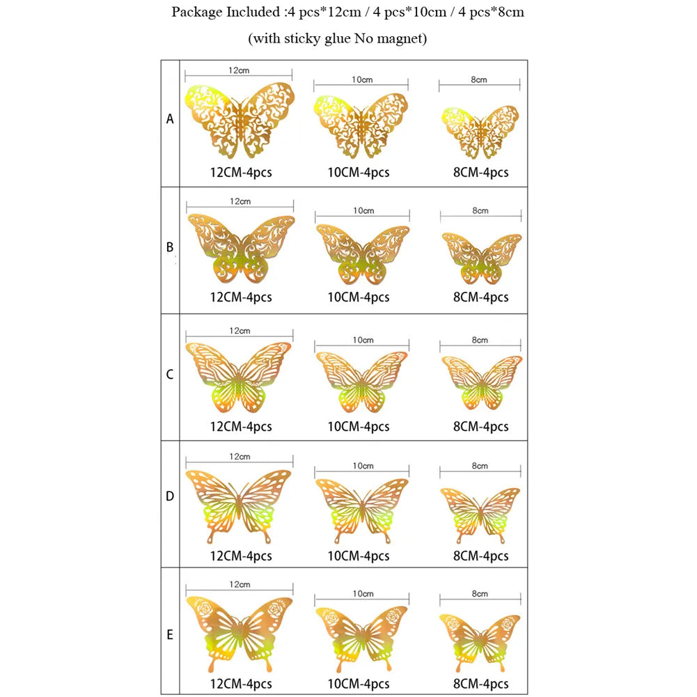 12 Pcs Gold 3D Hollow Butterfly Wall Sticker For Wedding Decoration Decals Living Room Home Decor Butterflies Garden Stickers
