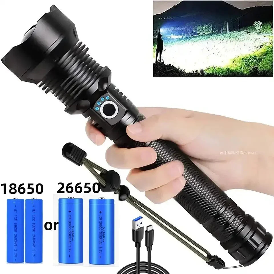 Rechargeable LED Flashlight 90000 Lumens Super Bright Zoomable Waterproof with 3 Modes Powerful for Camping Hiking
