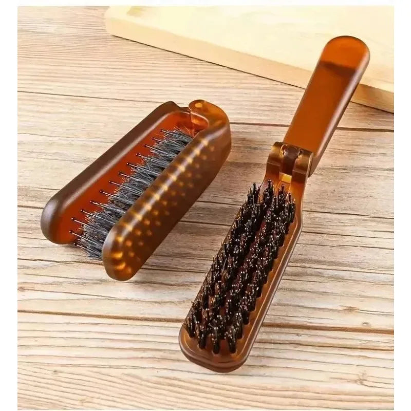 Foldable Portable Boar Bristle Hair Brush Comb Travel Hair Styling Accessory with Head Massager Function