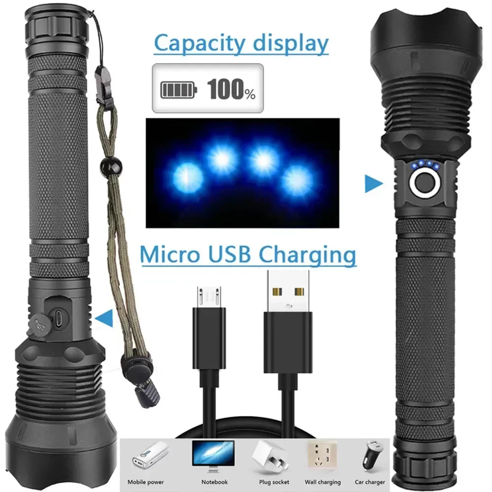 Rechargeable LED Flashlight 90000 Lumens Super Bright Zoomable Waterproof with 3 Modes Powerful for Camping Hiking