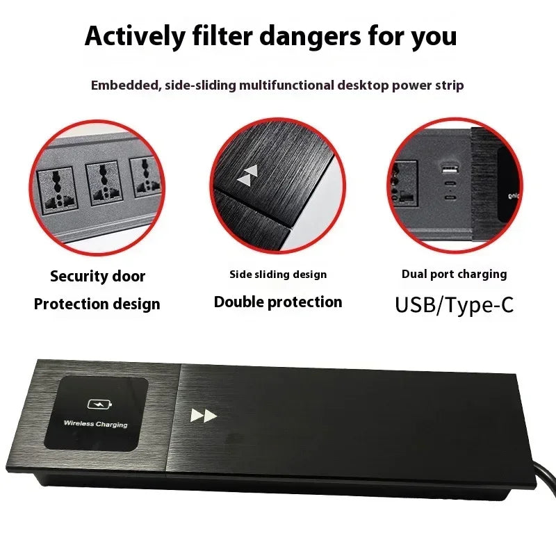Universal Built-in Table Socket Slide Cover with USB Type-c Recessed Desktop Electrical Socket EU UK AU US Plug Wireless Charger