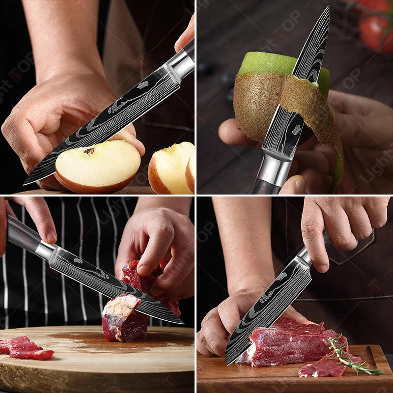 1~3 Pcs Kitchen Knives Laser Damascus Japanese Santoku Cleaver Slicing Utility Chef Knife Wooden Handle Kitchen Accessories