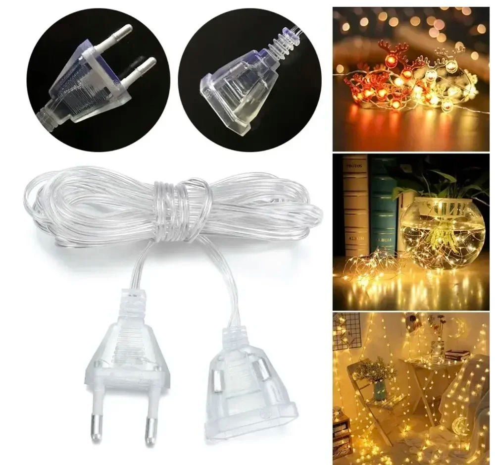 3M 5M Power Extension Cord For EU Plug LED Holiday Light String Extension Standard Switch Cable Christmas Curtain Light