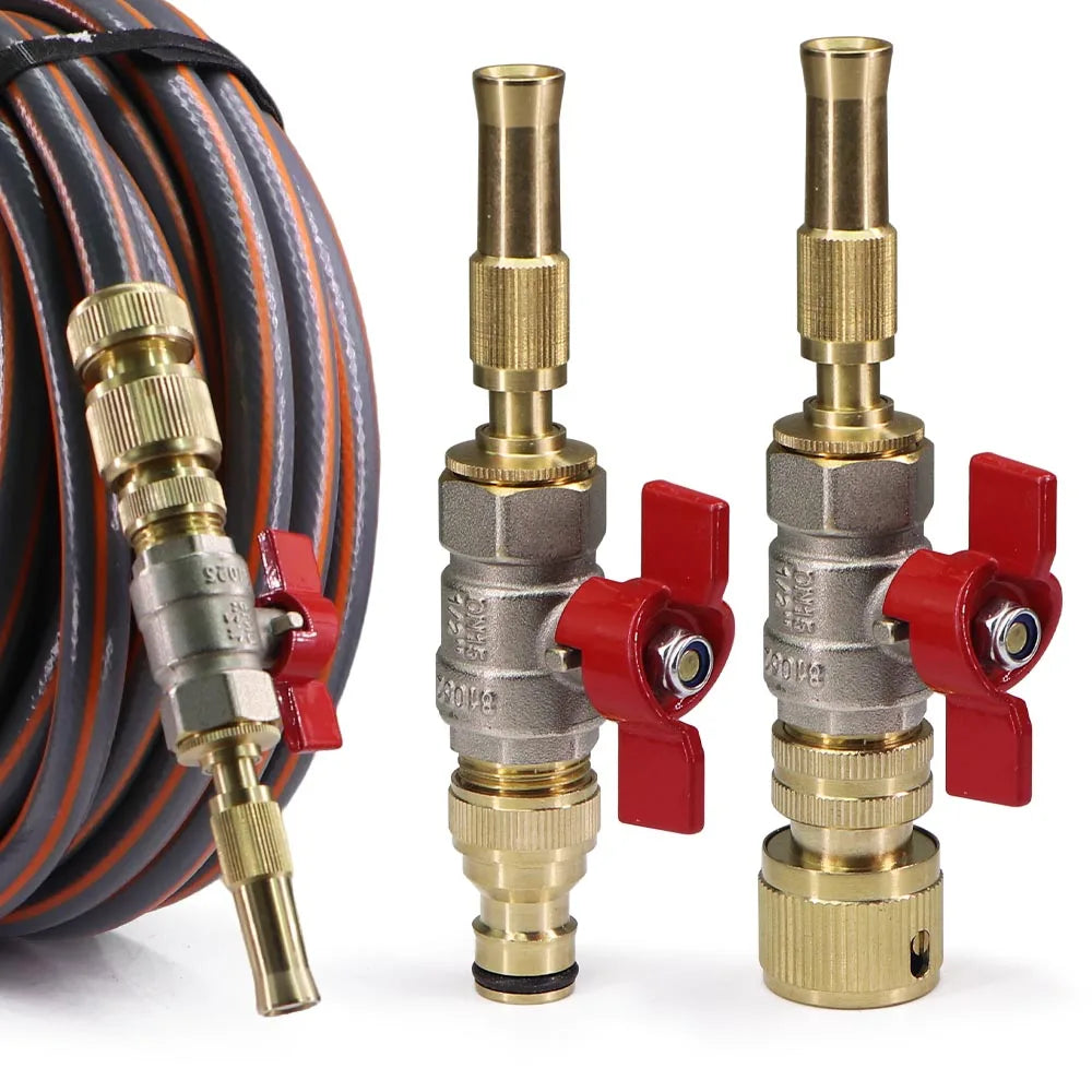 Adjustable Brass Nozzle w/ Ball Valve Adapter High Pressure Water Gun for Garden Irrigation Car Washing Hose Connector Sprinkler