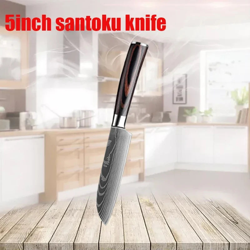 1~3 Pcs Kitchen Knives Laser Damascus Japanese Santoku Cleaver Slicing Utility Chef Knife Wooden Handle Kitchen Accessories