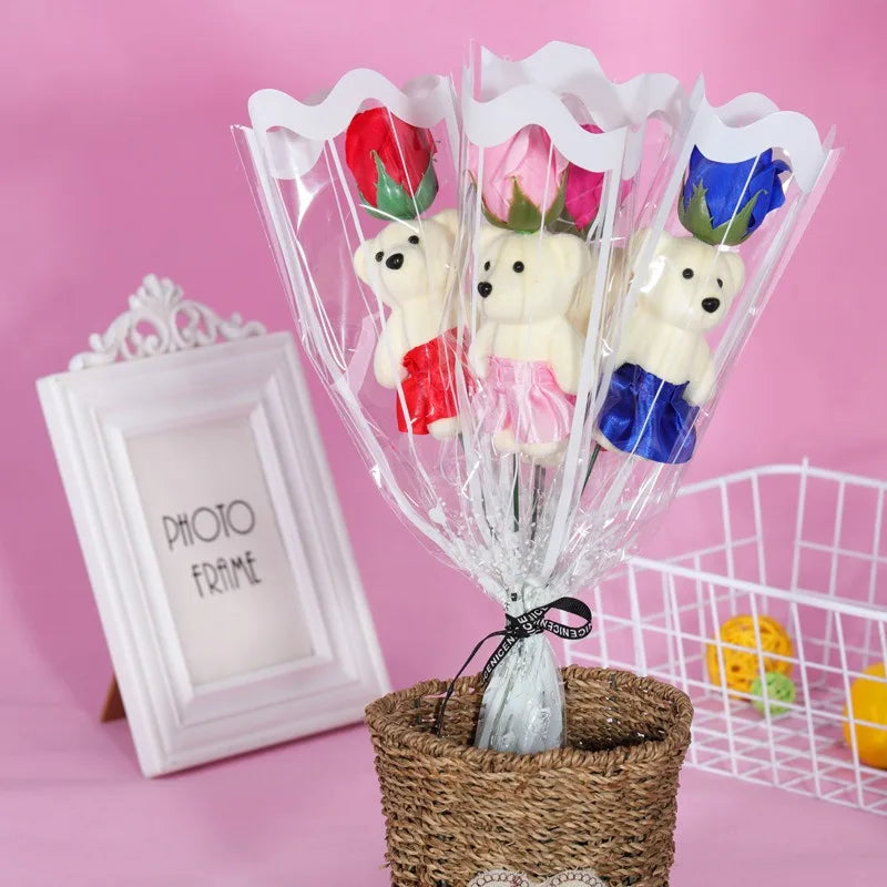 1/3/5Pcs Rose Bear Artificial Flowers Bouquet for Valentine's Day DIY Gift Ornament Wedding Decoration Party Supplies Home Decor
