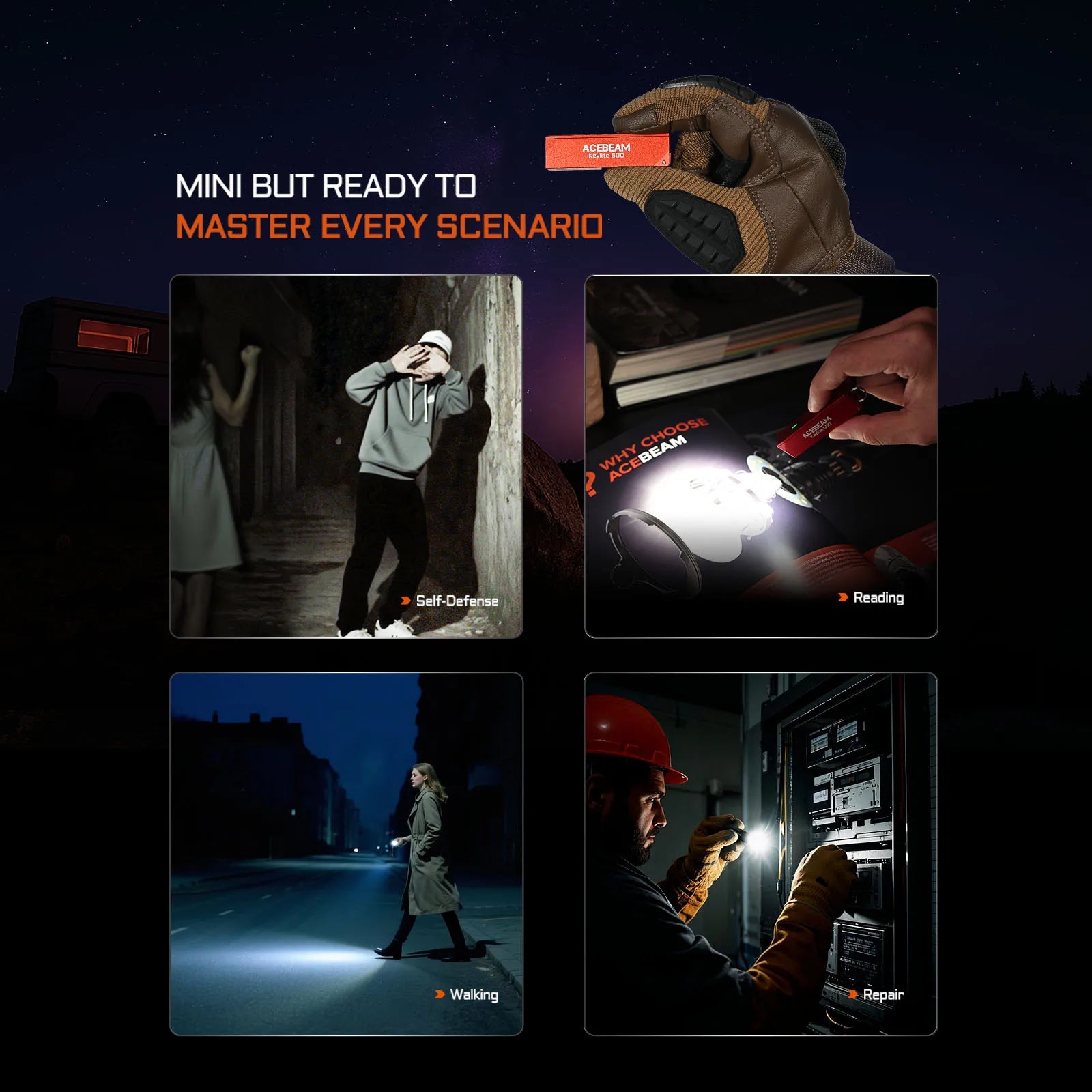 ACEBEAM Keychain Flashlight Keylite 500 EDC Rechargeable Flashlights With Self Defense Strobe Mode Dual LED Light Camping Work