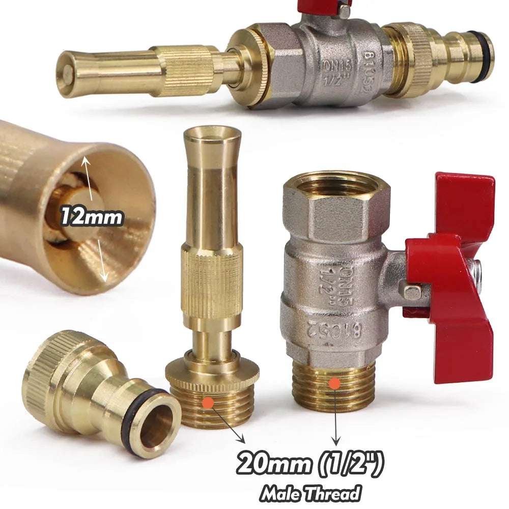 Adjustable Brass Nozzle w/ Ball Valve Adapter High Pressure Water Gun for Garden Irrigation Car Washing Hose Connector Sprinkler