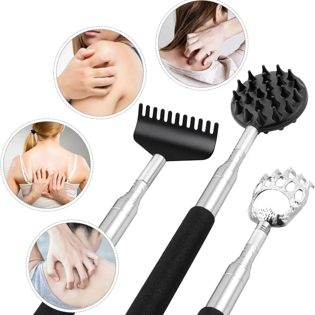 Itchy Scratch Retractable Back Gripper Double-Sided with 3 Detachable Gripper Heads Metal Claw/Rake for Hard-to-Reach Areas