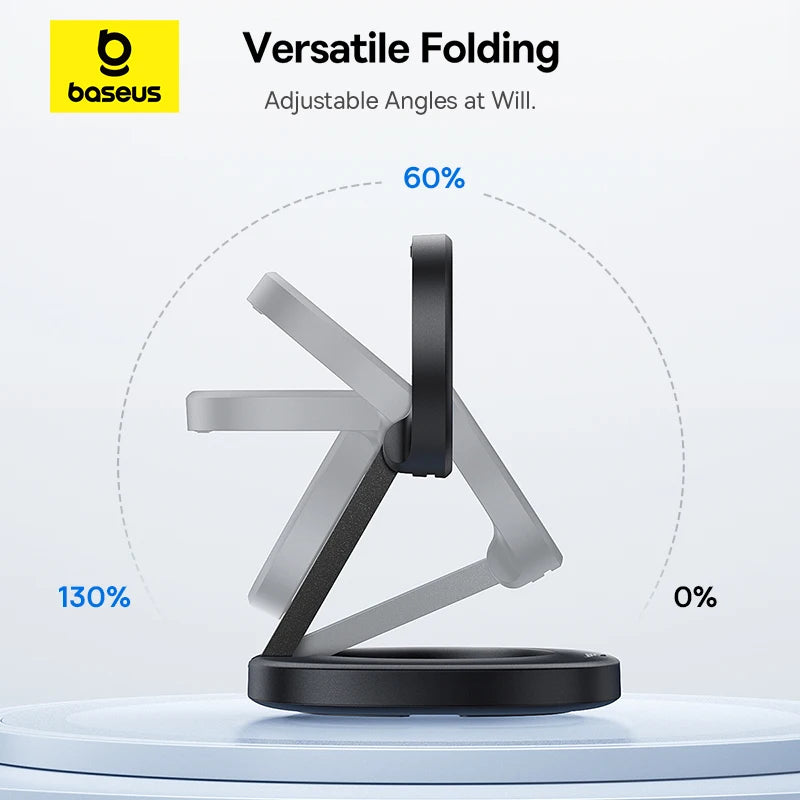 Baseus 15W Qi2 Foldable Wireless Charger Stand Magnetic Adjustable Viewing Angle For iPhone 16 15 14 13 AirPods 2nd 3rd Gen Pro