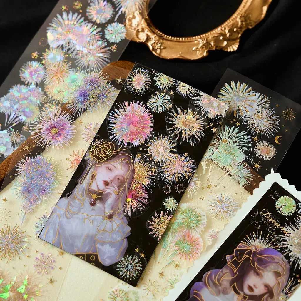 Journamm 3Pcs Fireworks Theme Stickers PET Material DIY Scrapbooking Collage Stationery Decor Junk Journal Aesthetics Sticker
