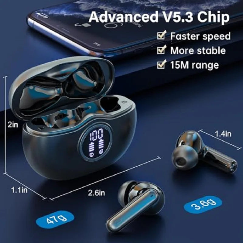 Bluetooth 5.3 Earbuds 50H Playtime LED Display Wireless Headphones ENC Noise Cancelling HiFi Stereo IPX7 Waterproof Sports Heads