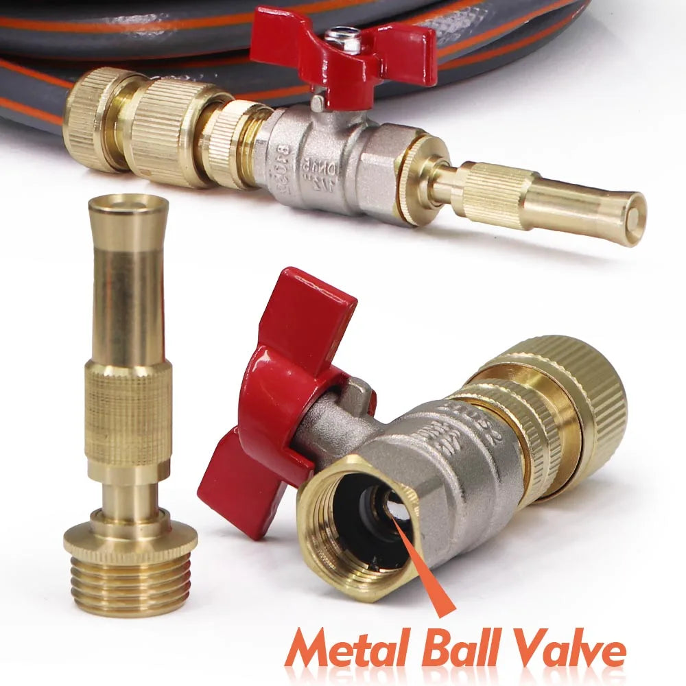 Adjustable Brass Nozzle w/ Ball Valve Adapter High Pressure Water Gun for Garden Irrigation Car Washing Hose Connector Sprinkler