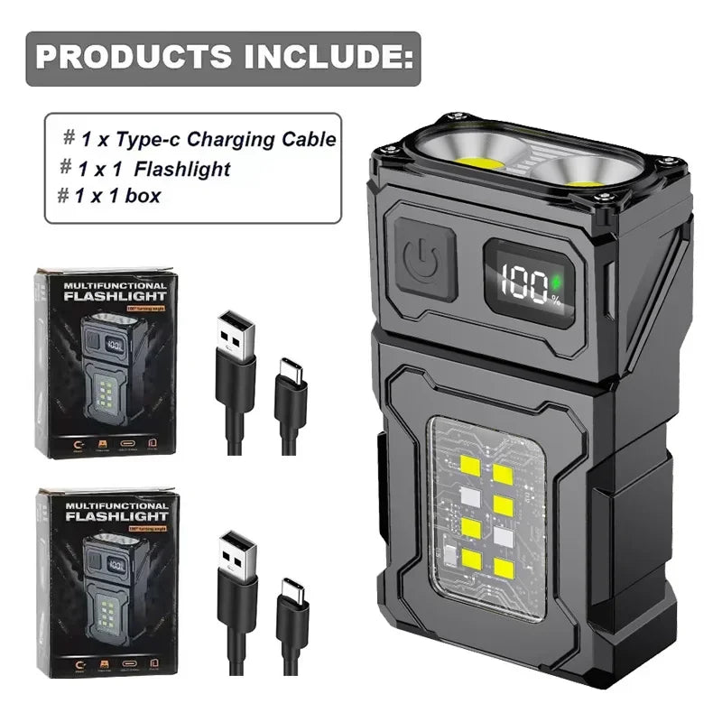 2/1Pcs Portable Flashlight Super Bright MINI USB Rechargeable LED Tail MagnetTorch with COB Emergency Light for Camping Hiking
