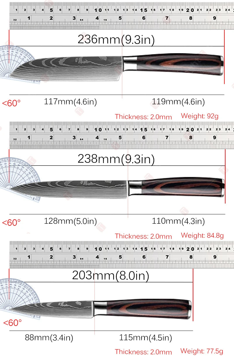 1~3 Pcs Kitchen Knives Laser Damascus Japanese Santoku Cleaver Slicing Utility Chef Knife Wooden Handle Kitchen Accessories