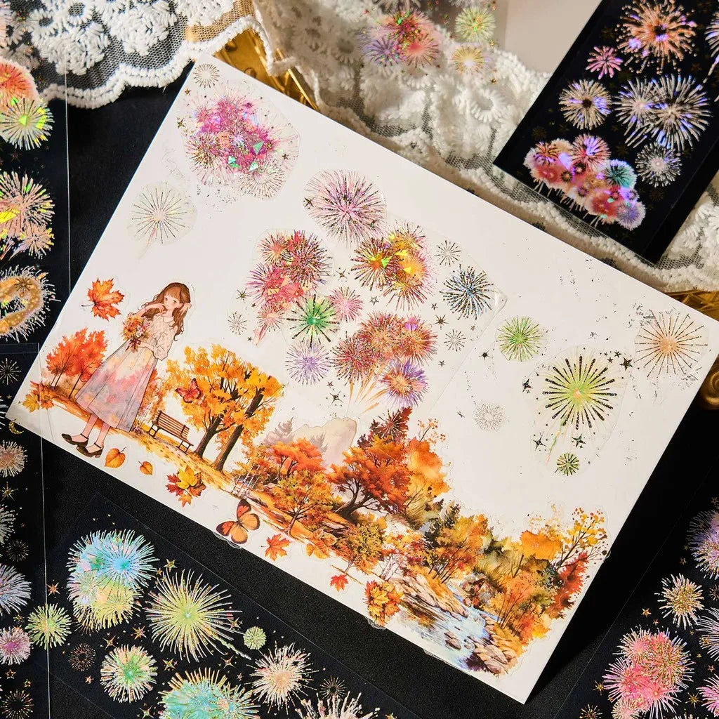 Journamm 3Pcs Fireworks Theme Stickers PET Material DIY Scrapbooking Collage Stationery Decor Junk Journal Aesthetics Sticker