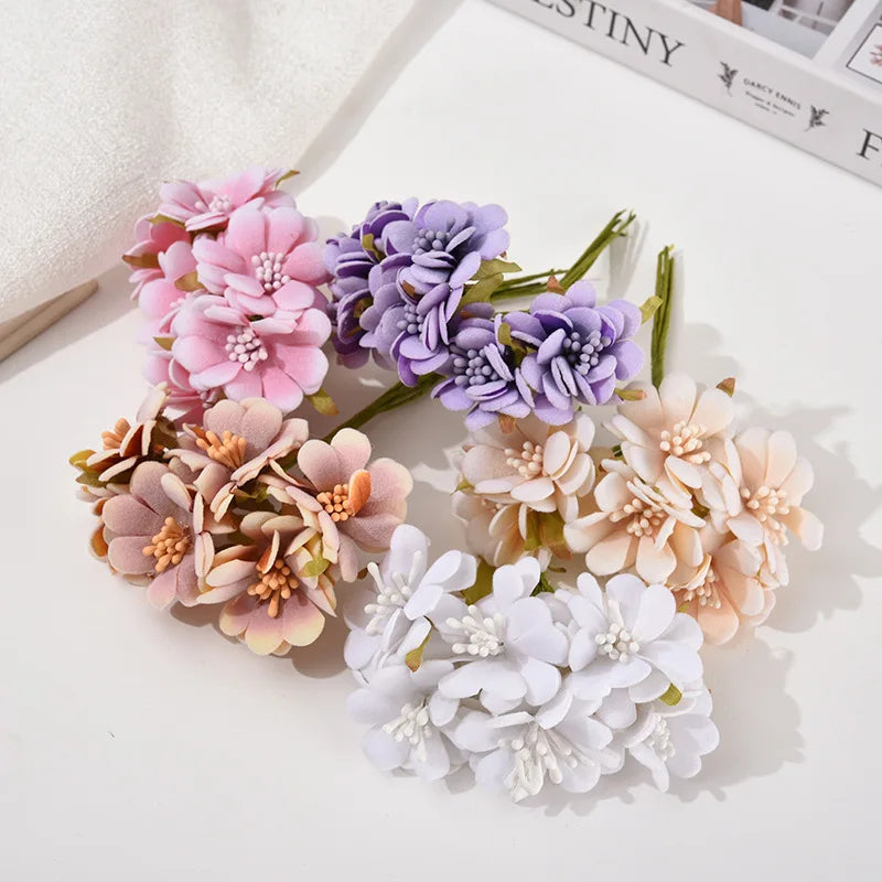 6PCS Artificial Flowers High Quality Mini Silk Rose Bouquet DIY Wreath Wedding Home Decor Gift Box Scrapbook Party Supplies