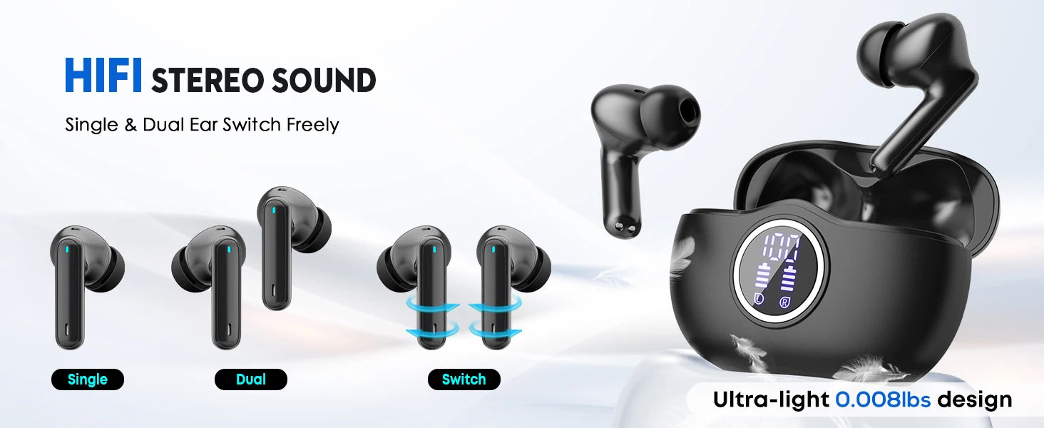 Bluetooth 5.3 Earbuds 50H Playtime LED Display Wireless Headphones ENC Noise Cancelling HiFi Stereo IPX7 Waterproof Sports Heads