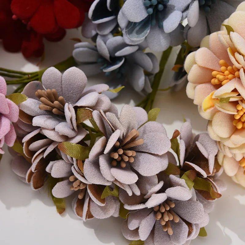 6PCS Artificial Flowers High Quality Mini Silk Rose Bouquet DIY Wreath Wedding Home Decor Gift Box Scrapbook Party Supplies