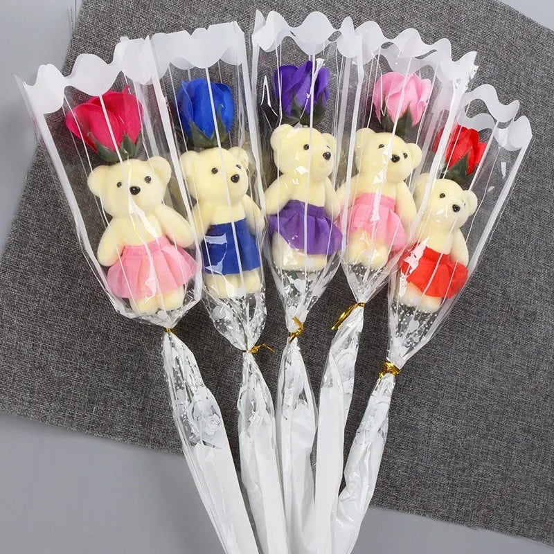 1/3/5Pcs Rose Bear Artificial Flowers Bouquet for Valentine's Day DIY Gift Ornament Wedding Decoration Party Supplies Home Decor