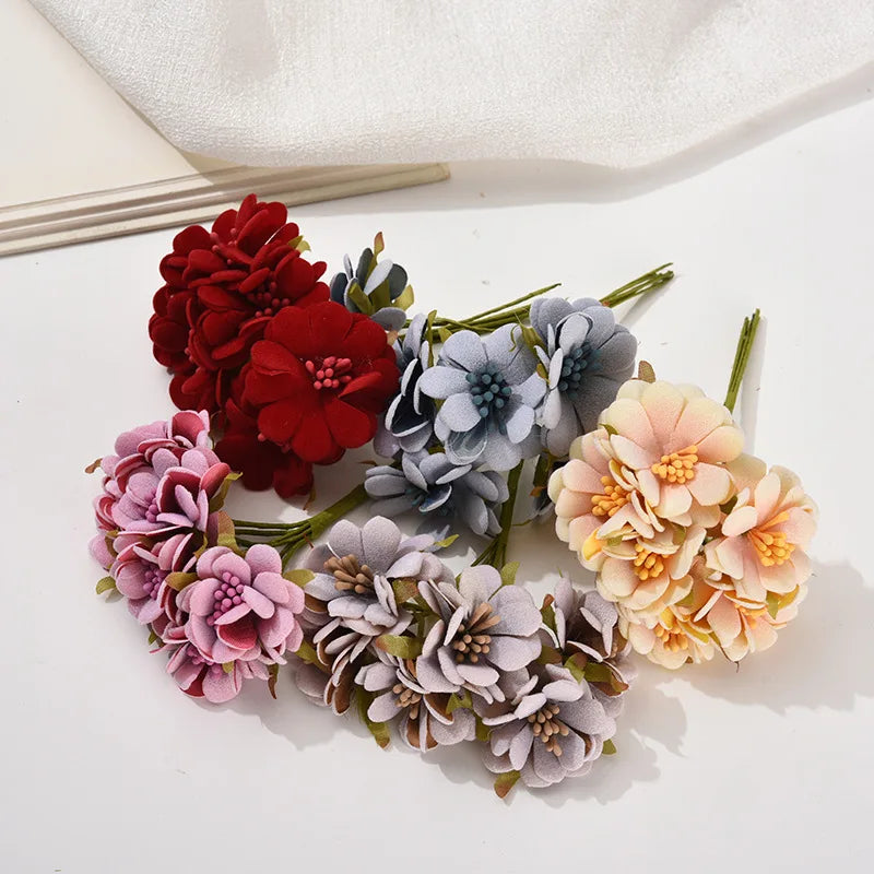 6PCS Artificial Flowers High Quality Mini Silk Rose Bouquet DIY Wreath Wedding Home Decor Gift Box Scrapbook Party Supplies