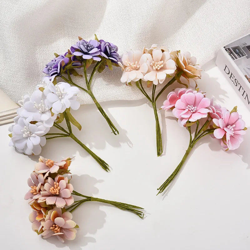 6PCS Artificial Flowers High Quality Mini Silk Rose Bouquet DIY Wreath Wedding Home Decor Gift Box Scrapbook Party Supplies