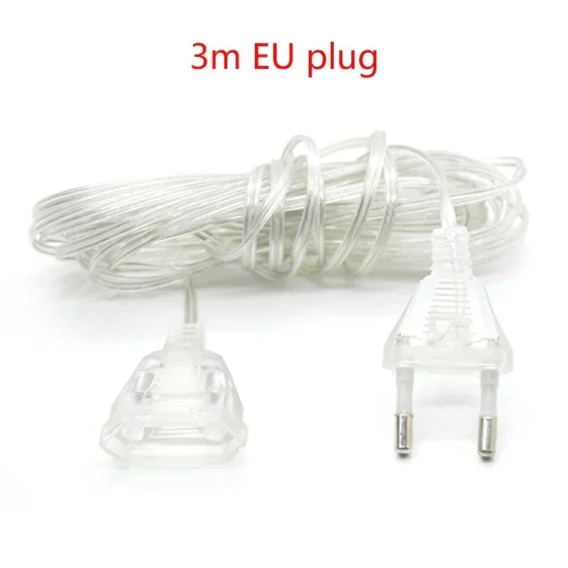 3M 5M Power Extension Cord For EU Plug LED Holiday Light String Extension Standard Switch Cable Christmas Curtain Light