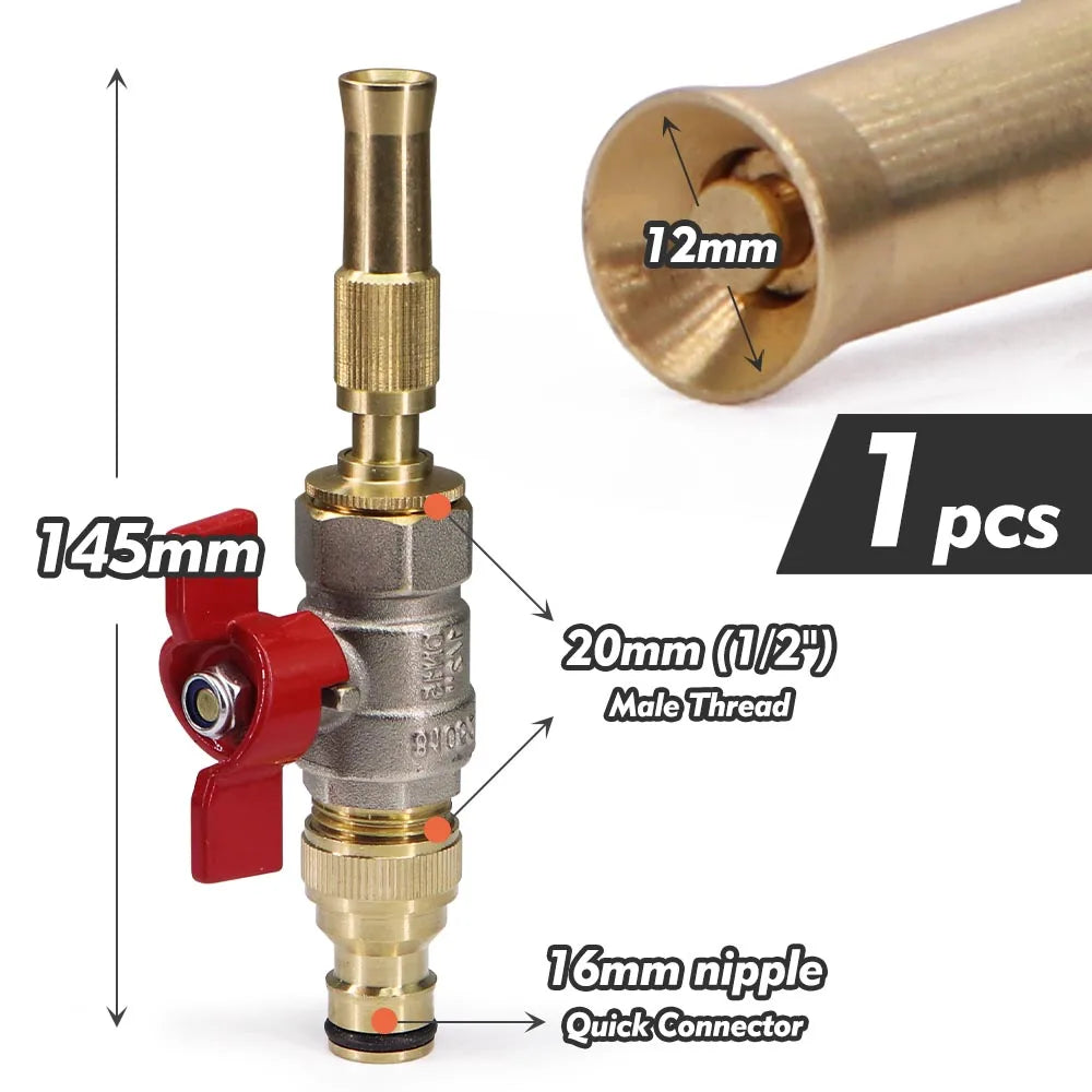 Adjustable Brass Nozzle w/ Ball Valve Adapter High Pressure Water Gun for Garden Irrigation Car Washing Hose Connector Sprinkler