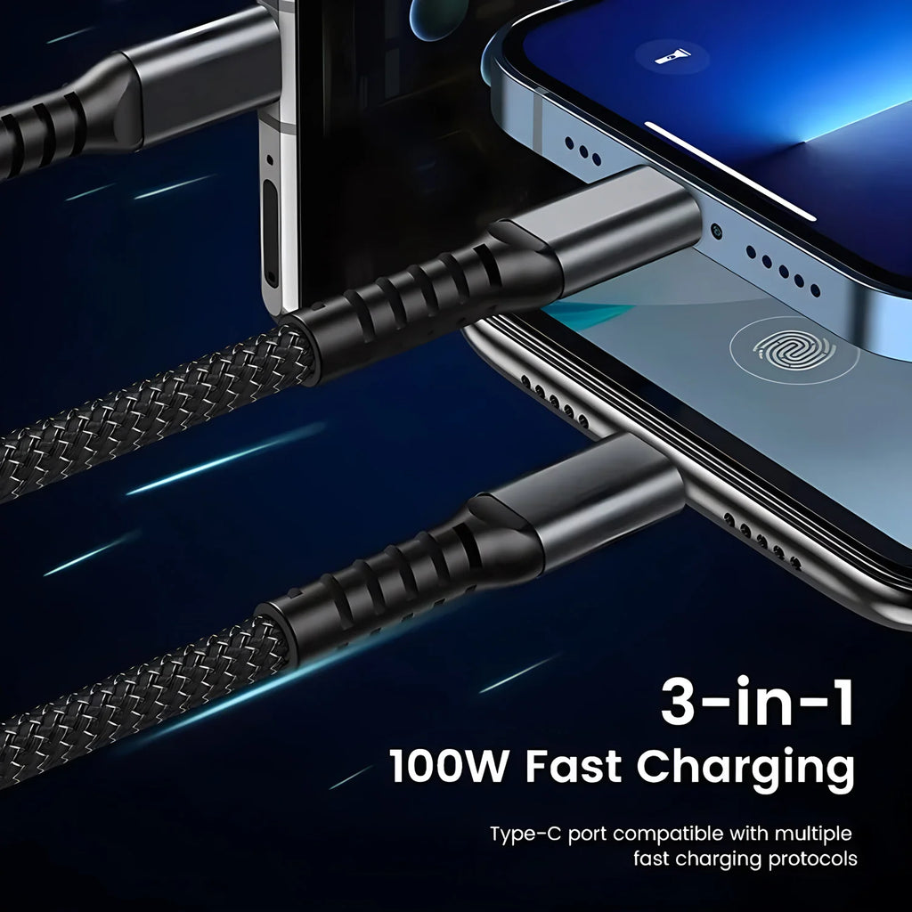 3 in 1 100W USB A Cable Fast Charging Micro USB Data Cord Phone Charger Quick Charge Cable For iPhone Samsung Xiaomi Huawei
