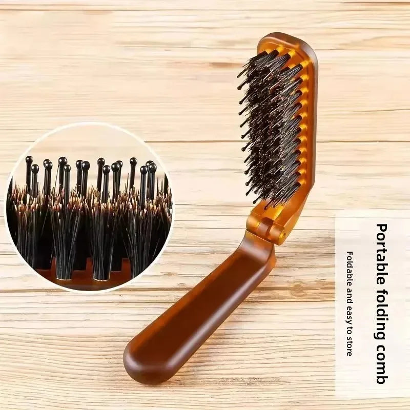 Foldable Portable Boar Bristle Hair Brush Comb Travel Hair Styling Accessory with Head Massager Function