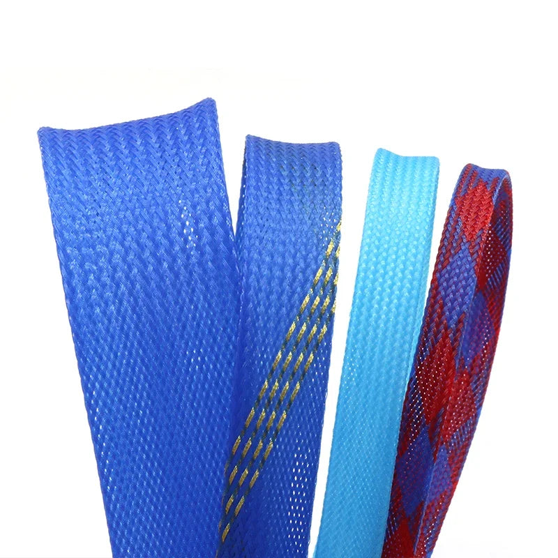 1/5/10M Blue-Gold-Red PET Braided Wire Cable Sleeve 3 4 6 8 10 12 16 20 25 30 40mm Tight High Density Expandable