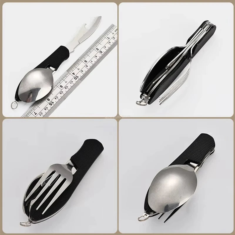 Foldable Camping Utensil Set Multi Functional Knife Fork Spoon Combo Stainless Steel Outdoor Picnic Tableware for Camping Picnic