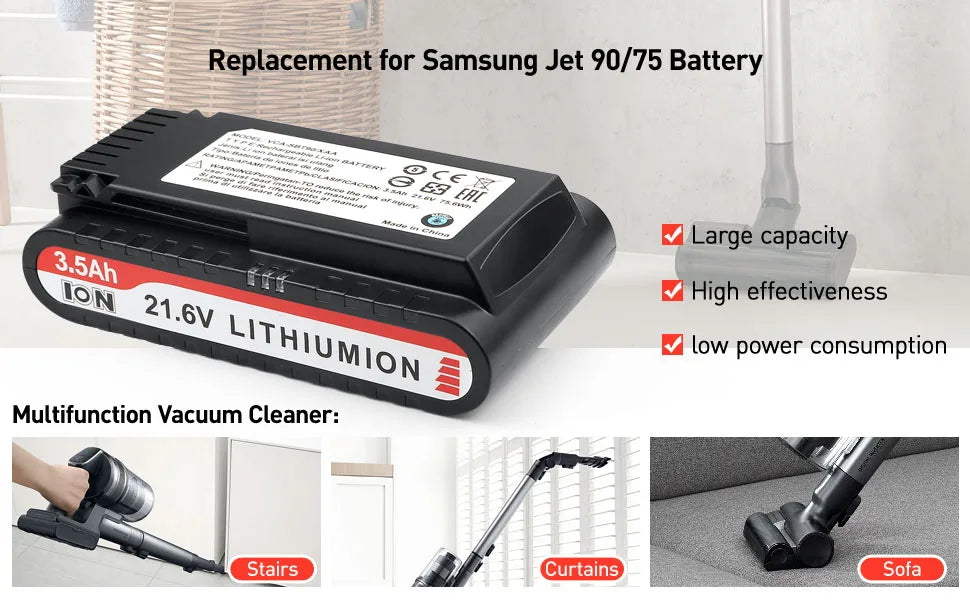 21.6V 3500mAh Replacement Vacuum Cleaner Li-ion Battery for Samsung Jet 90/Jet 75 Pet/Jet 75 Cordless Stick Vacuum VCA-SBT90/XAA