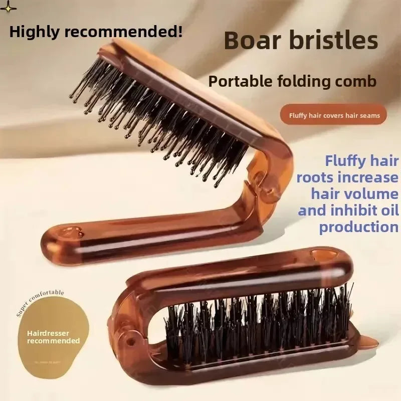 Foldable Portable Boar Bristle Hair Brush Comb Travel Hair Styling Accessory with Head Massager Function