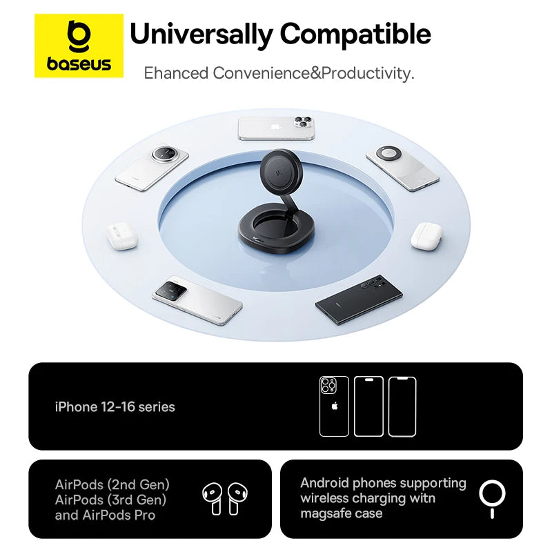 Baseus 15W Qi2 Foldable Wireless Charger Stand Magnetic Adjustable Viewing Angle For iPhone 16 15 14 13 AirPods 2nd 3rd Gen Pro