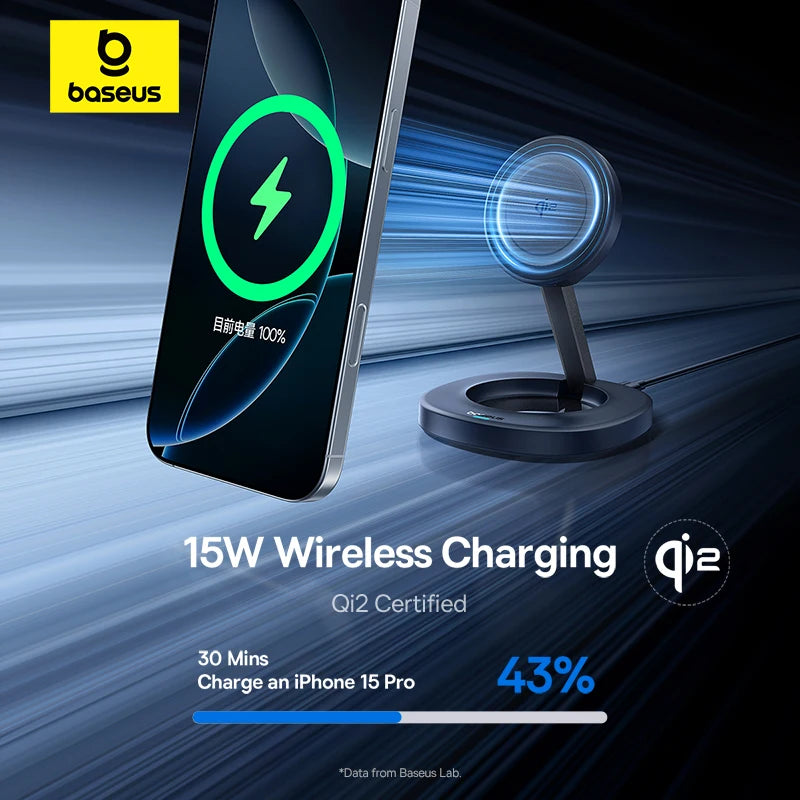 Baseus 15W Qi2 Foldable Wireless Charger Stand Magnetic Adjustable Viewing Angle For iPhone 16 15 14 13 AirPods 2nd 3rd Gen Pro